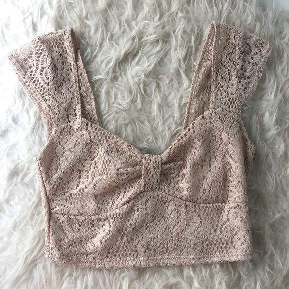 Tan/ nude lace sweetheart neckline crop top - Picture 3 of 4